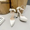 Comemore 2023 Summer New Fashion Satin Pumps High Heel Sandals Bow Buckle Pointed Toe Thick Heel Women's Shoes High Heels Women 4