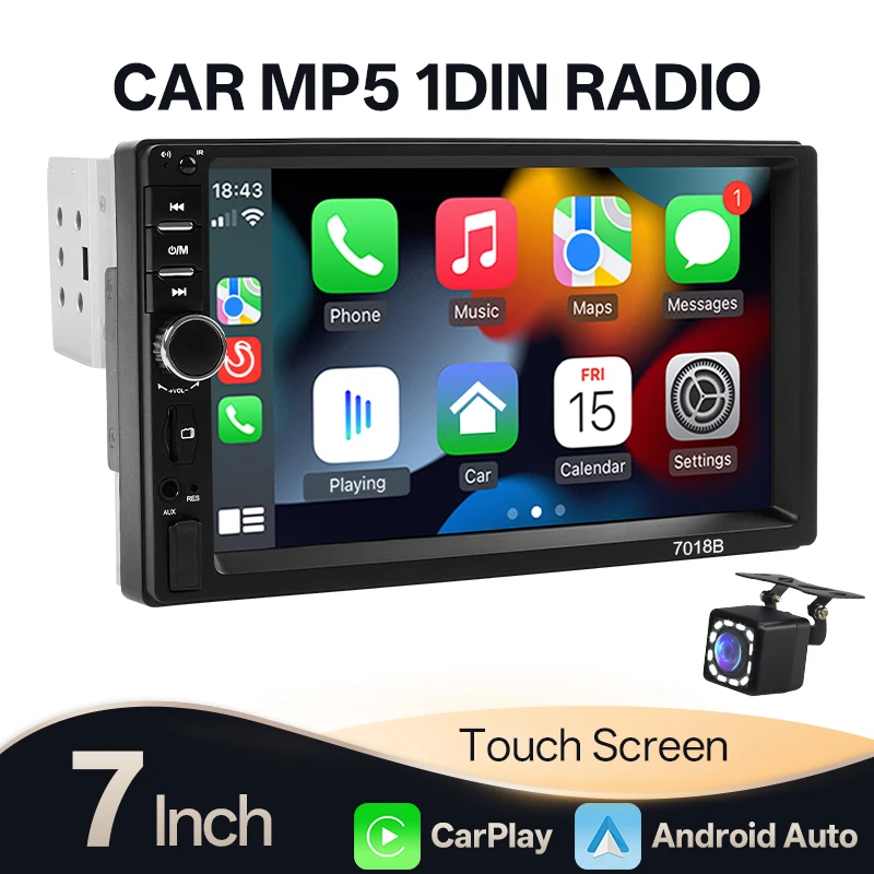 Hippcron 7 "1din Carplay Android Auto Radio de coche MP5 reproductor Multimedia receptor FM ISO Power Aux entrada USB BT Mirror Link 1