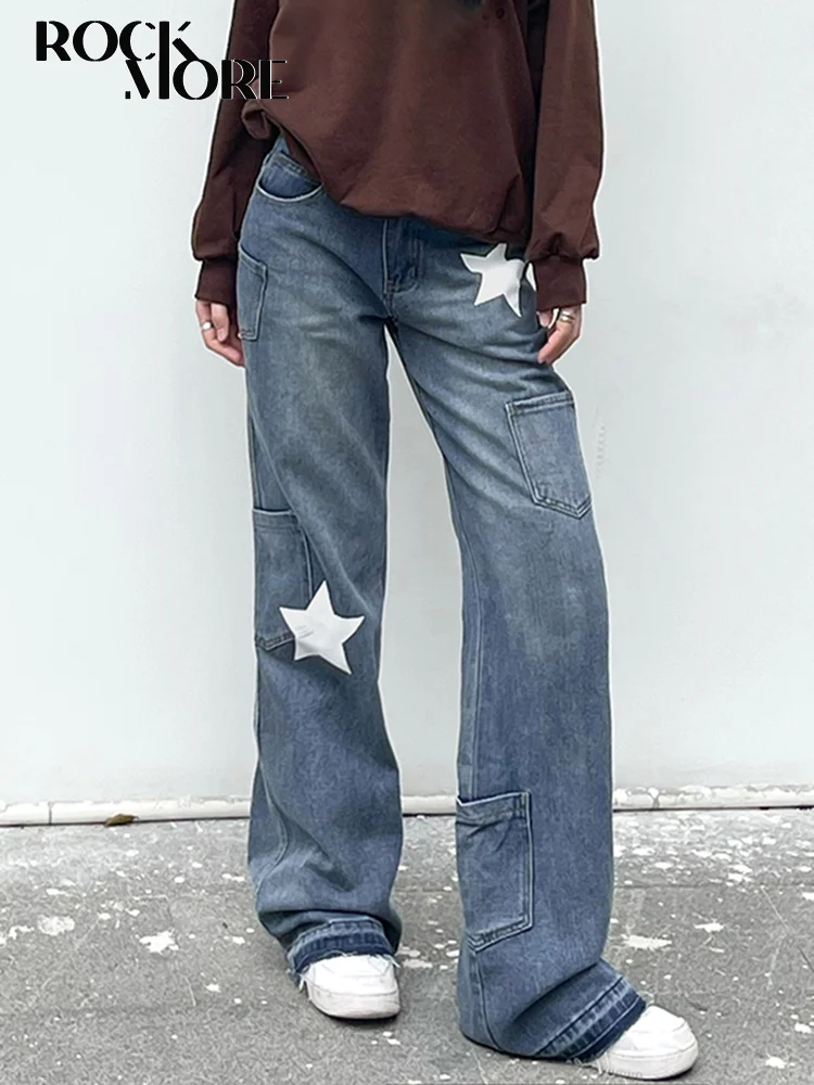 

Rockmore Low Rise Baggy Jeans Y2K Star Print Denim Pockets Patchwork Women Pants Streetwear Retro Casual Jean Trousers Korean
