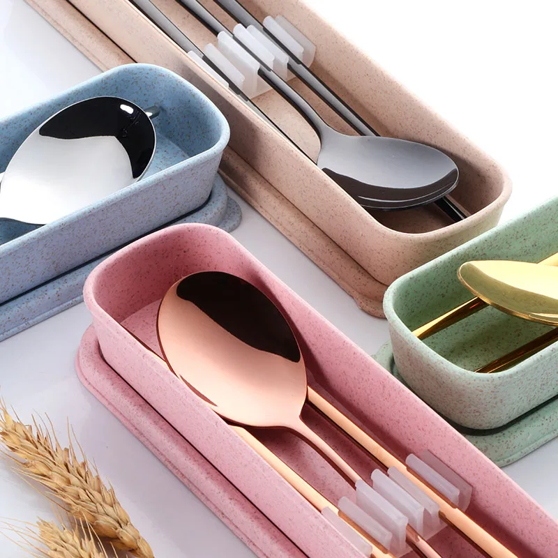 Cutlery Set Stainless Steel Cutlery Set 18/8 Korean Stainless Steel Food Chopsticks Spoon Set Long Handle Flat Non-Slip Chopsticks Dessert Spoon Dinnerware Set With Box