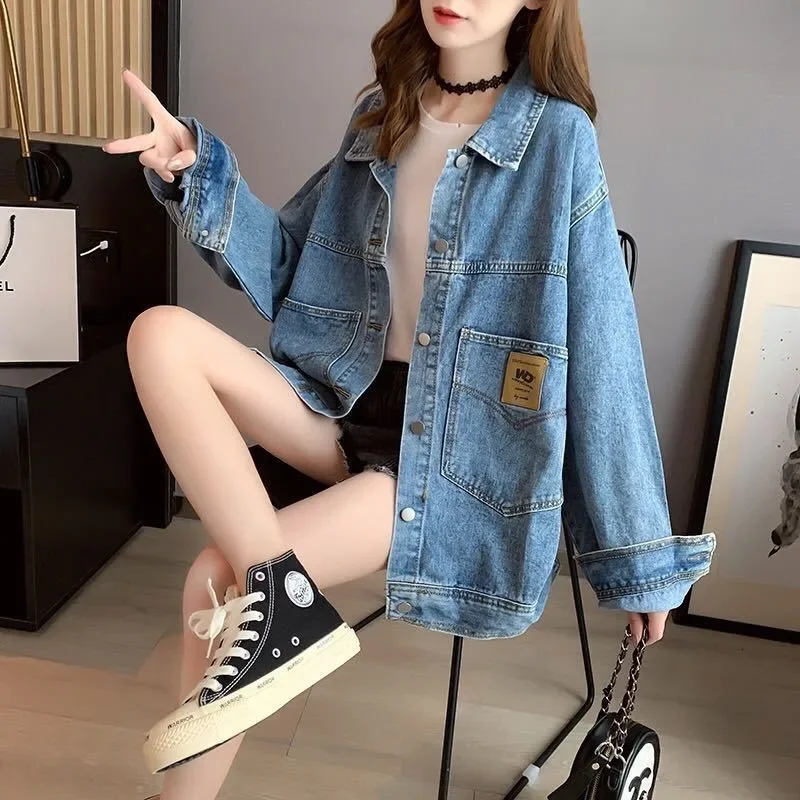 Simple Denim Jacket Chic Vintage Korean College Girls Basic Jean Demin Jackets for Women Stylish Turn-down Collar Ladies Outwear