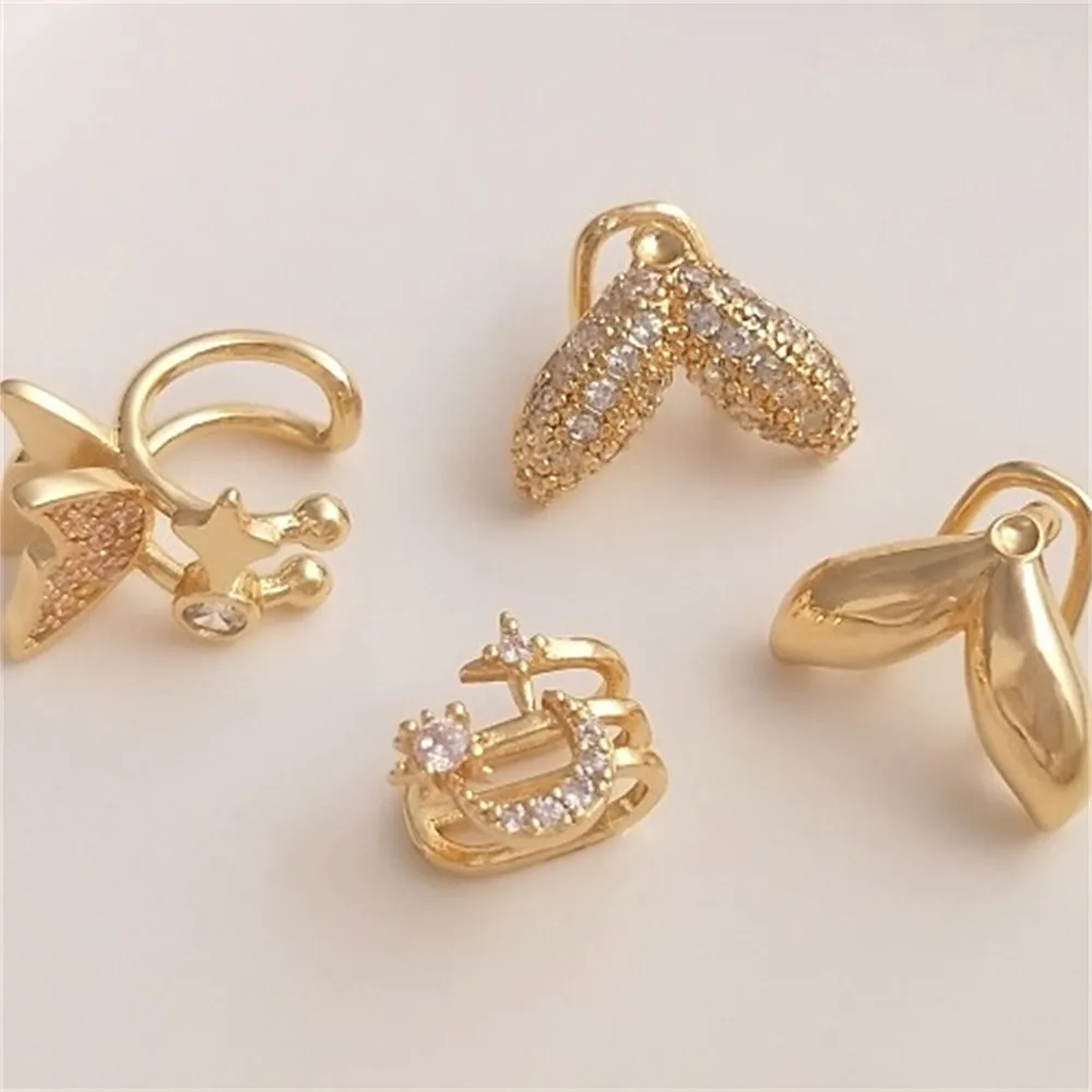 

14K Gold Inlaid with Zircon, Starry Moon Butterfly, No Ear Hole, Ear Bone Clip, Fish Tail, Pearl Ear Clip, DIY Earrings E126