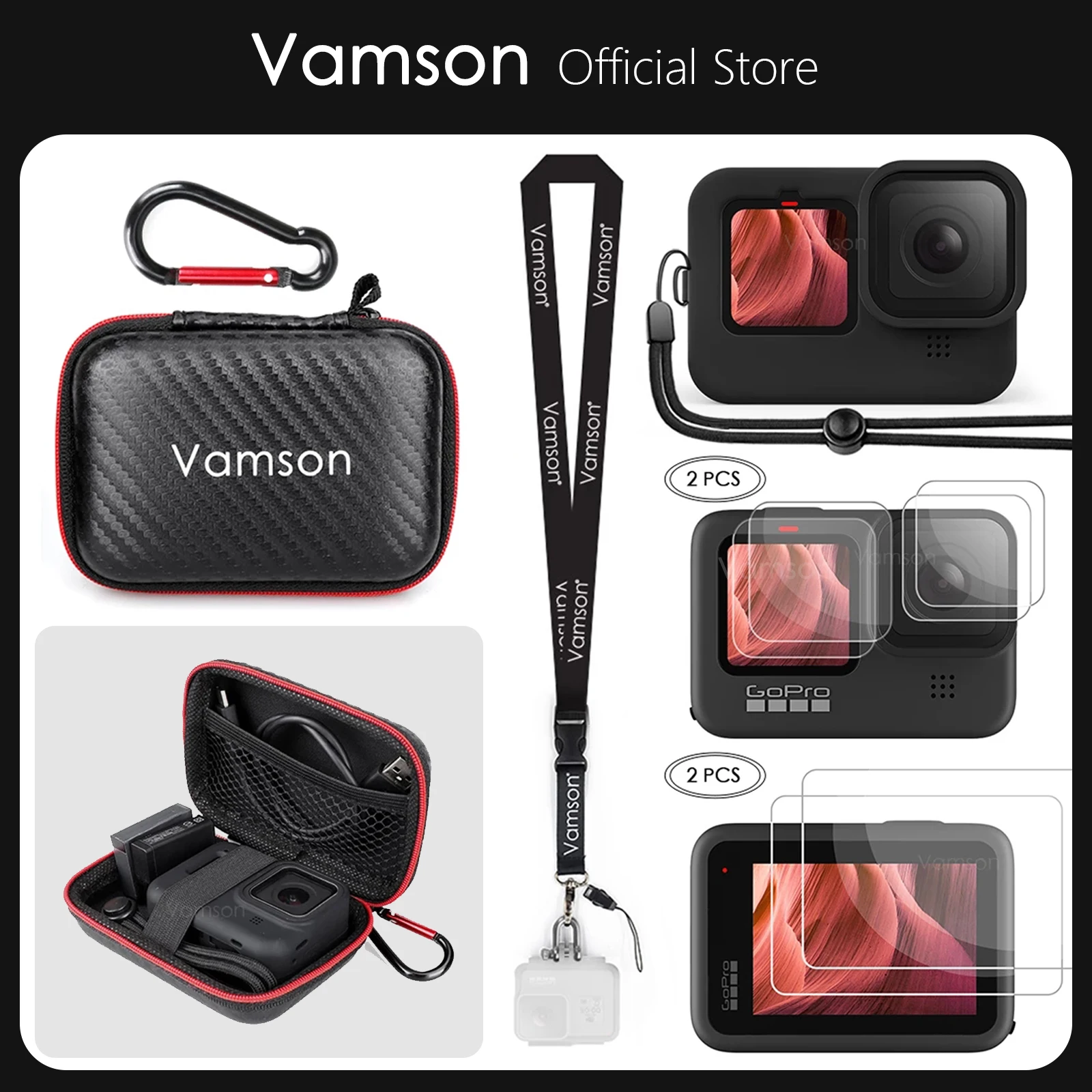 Vamson-Kit de accesorios para Gopro Hero 12, 11, 10, 9, funda de silicona +  vidrio templado + Mini funda protectora para cámara con gancho + cordón