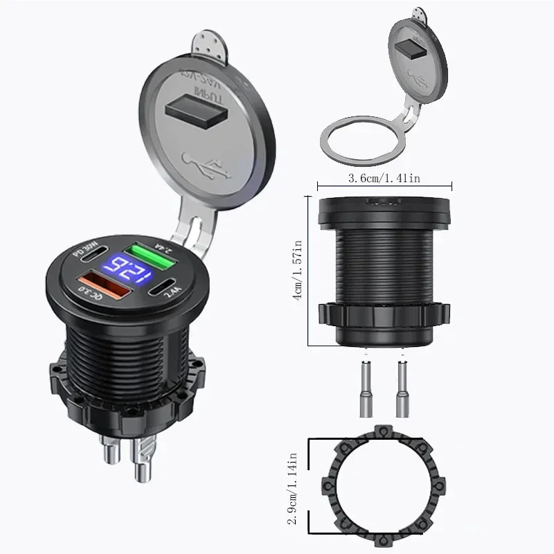 멀티 포트 차량용 충전기 PD QC3.0 USB 충전 소켓 디지털 전압계 포함 12V/24V 오토바이 자동차 보트 선박 트럭 버스용