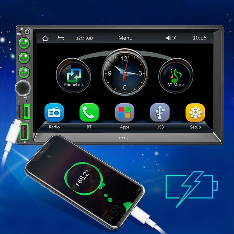 Car MP5 Player FM-AM Radio LCD Touch-Screen Udisk AUX Input for iOS Android Type-C Charging Wired/Wireless Connection