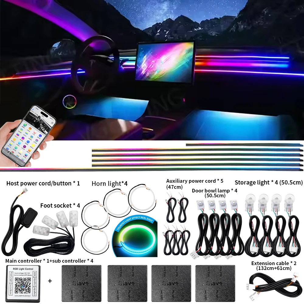 Luz Led ambiental para coche 6/10/14/18/22 en 1, RGB, 213 colores, tira acrílica, Streamer sinfónico, Kit de iluminación de ambiente Interior de arcoíris