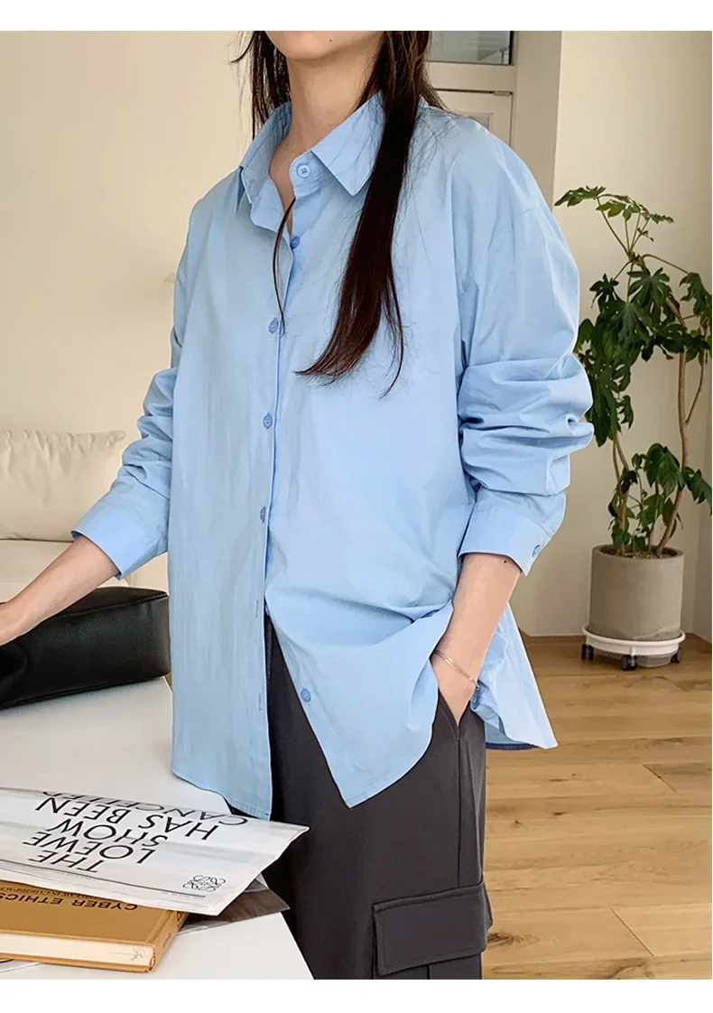 Neue Mode Frühling Herbst Einfache Und Casual Lose Vielseitig Reine Farbe Revers Hemd Frauen 100% Baumwolle Langarm Unterlage – Detail 16