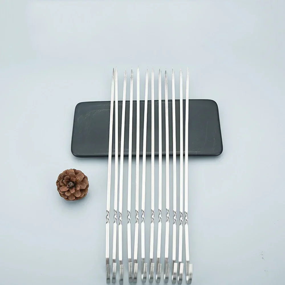 10pcs BBQ Fork BBQ Utensil Outdoor Camping Picnic Wide Sticks Stainless Steel Barbecue Skewer Reusable Grill Sticks Tools