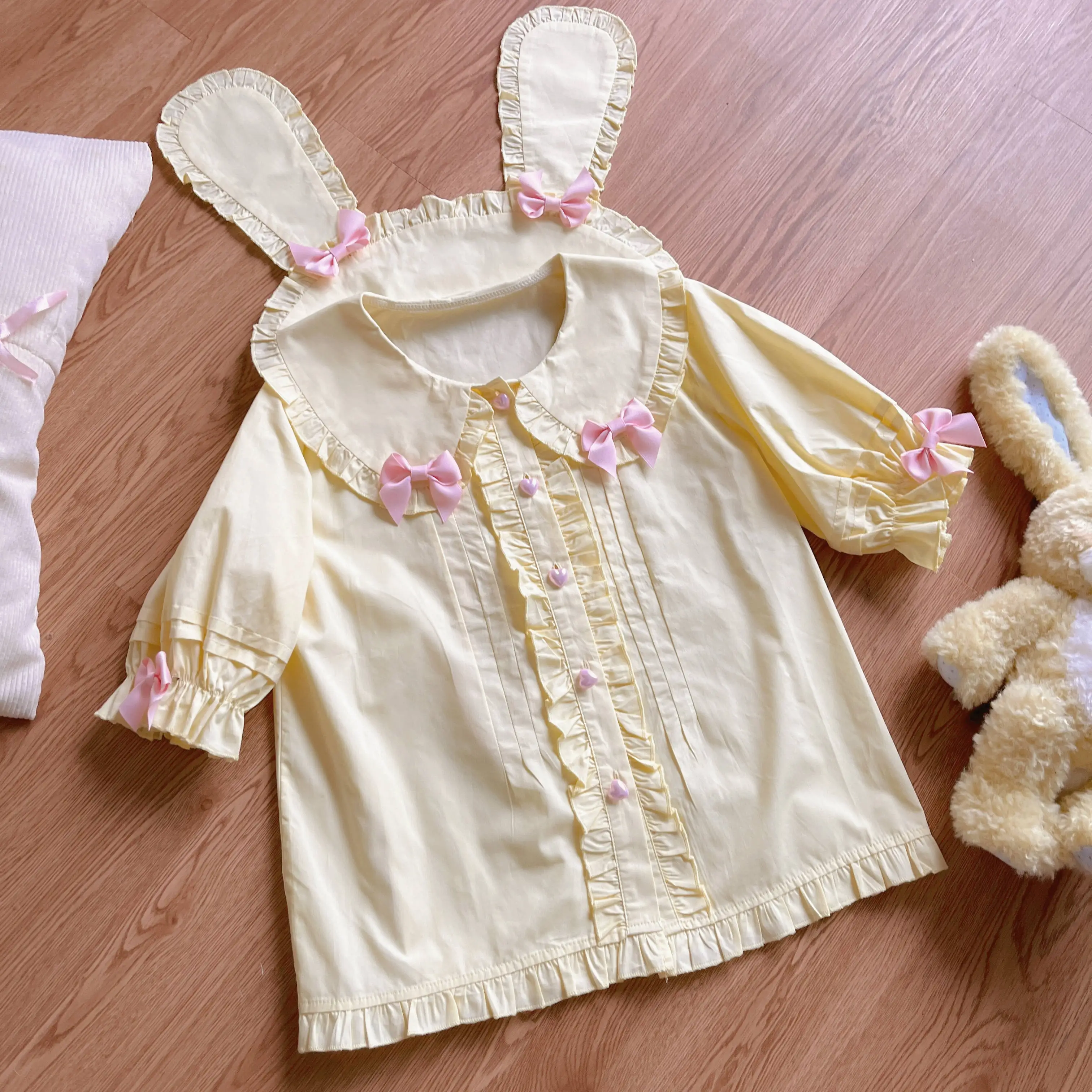 Japanese Soft Girl Sweet Cute Lolita Shirt with Bunny Bow Short Sleeved Student Top Shirt 3 Colors