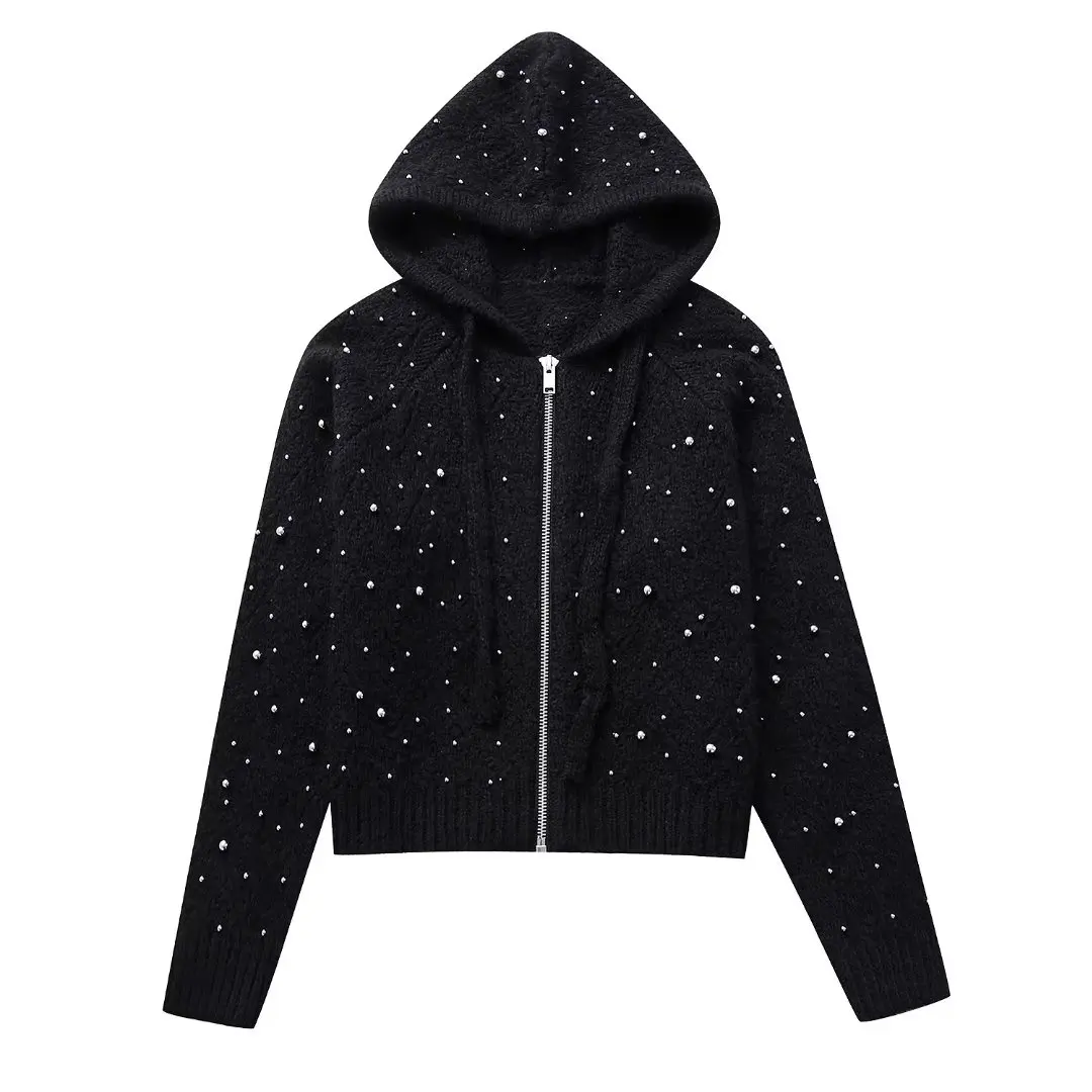 

Women's 2023 New Fashion Joker Sequined Accessories Casual Knit Cardigan Coat Retro Hooded Long Sleeve Zipper Cardigan Chic Top