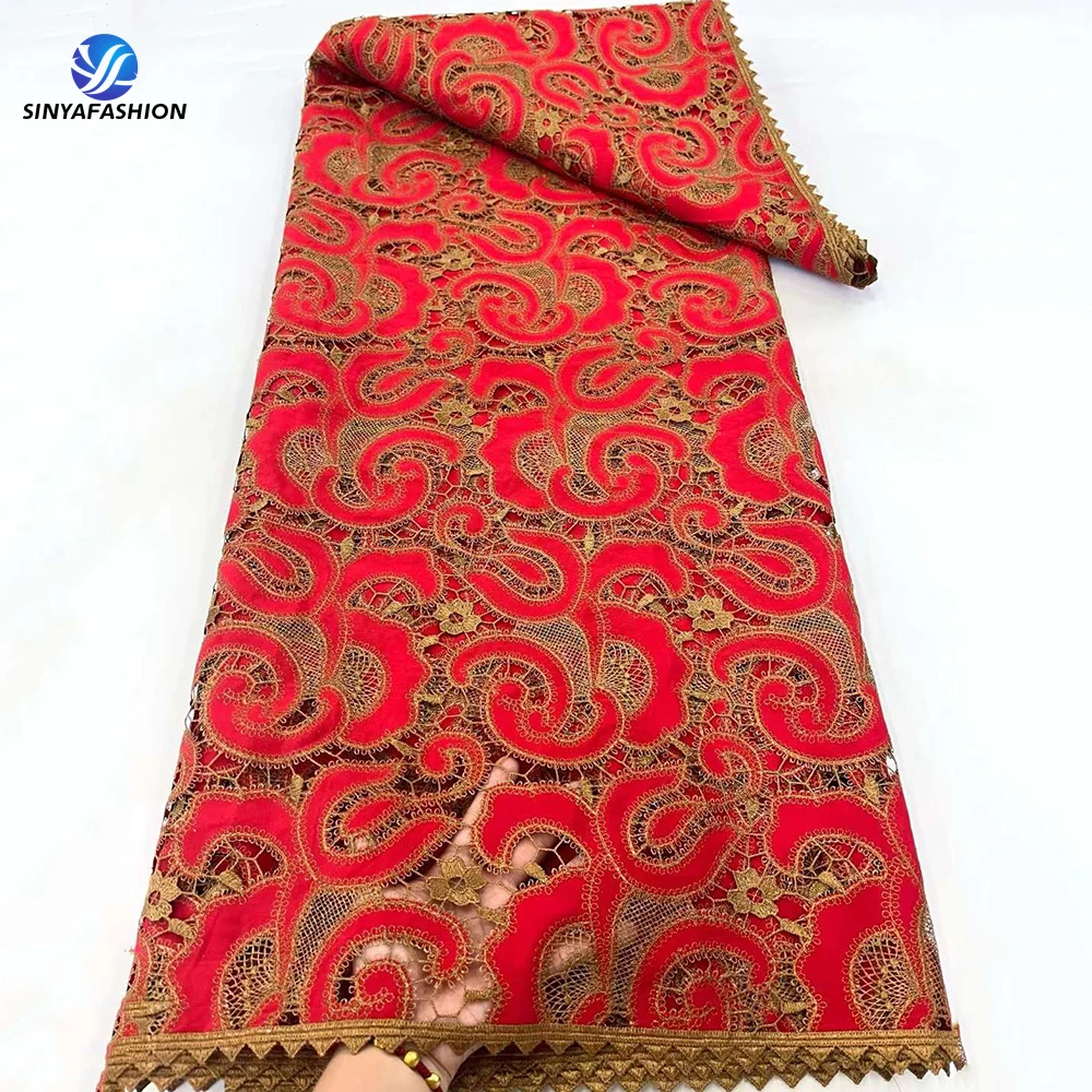 

Sinya Latest Red African Lace Fabric High Quality 5 Yards Laser Chiffon Guipure Cord Lace Embroidery For Women Dress