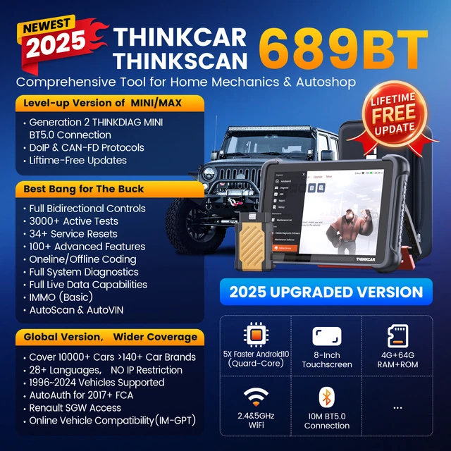 THINKCAR THINKSCAN 689BT Professional Car Diagnostic Tool CANFD DOIP Bi-directional ECU Coding 34 Reset Full System Obd2 Scanner 2