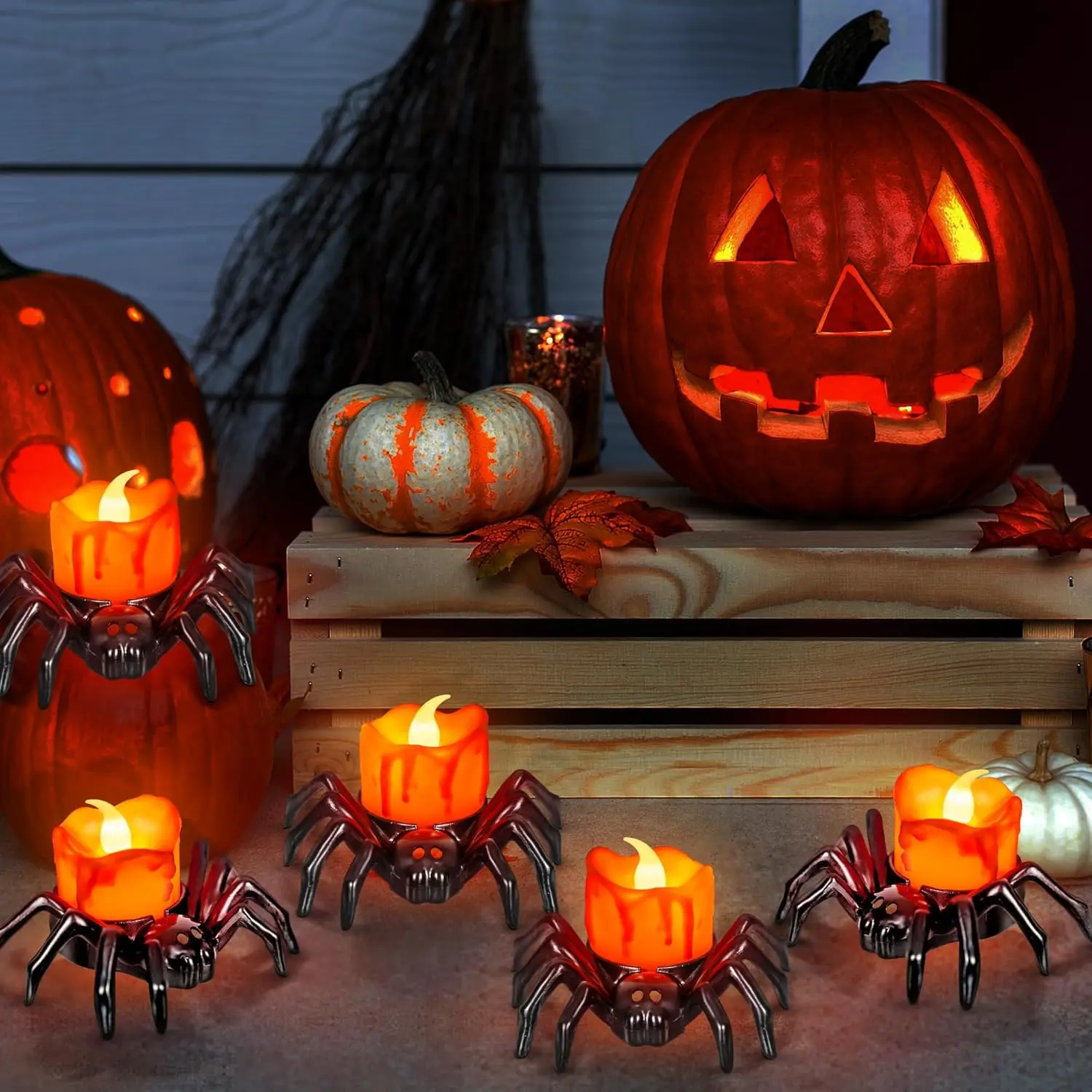 Halloween Spider Candle Lights, Halloween Orange Flameless Candle Lights Emitting Color:Warm White;Body Color:12-Pack 3