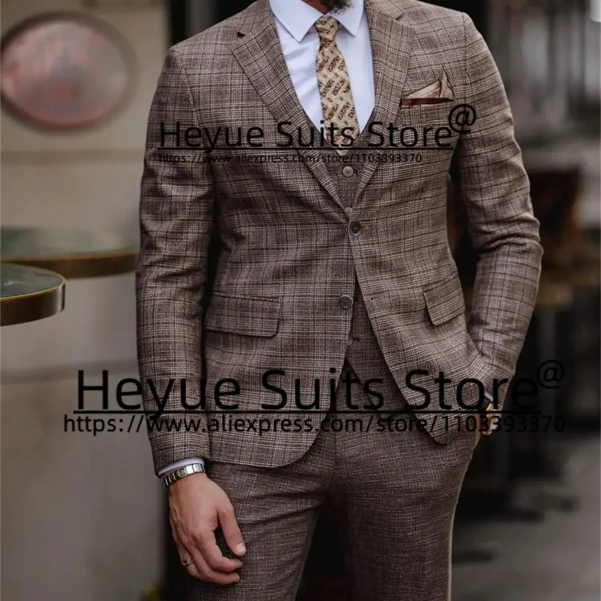 Vintage Classic Plaid Men Suits Slim Fit Notched Lapel Groom Formal Tuxedos Party 3 Pieces Sets veste ceremonie mariage homme