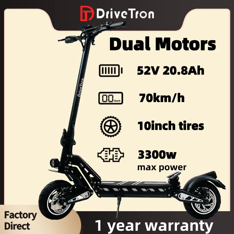 USA Warehouse Factory Direct DT10 Dual Motor 52V 3300W 20.8Ah Battery 10 inch Tires IPX5 70KM/H 70KM Range Electric Scooter