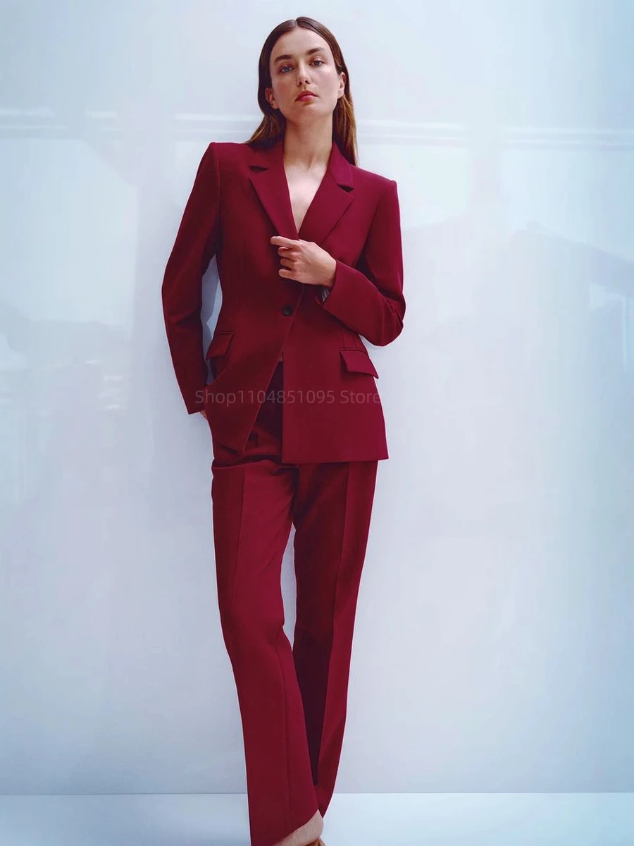 RedWomen's Suit Party Prom Wedding Slim Fit One Button Blazer Pants Outfit Evening Dresses Lady Business Work Wear 2 Piece Set