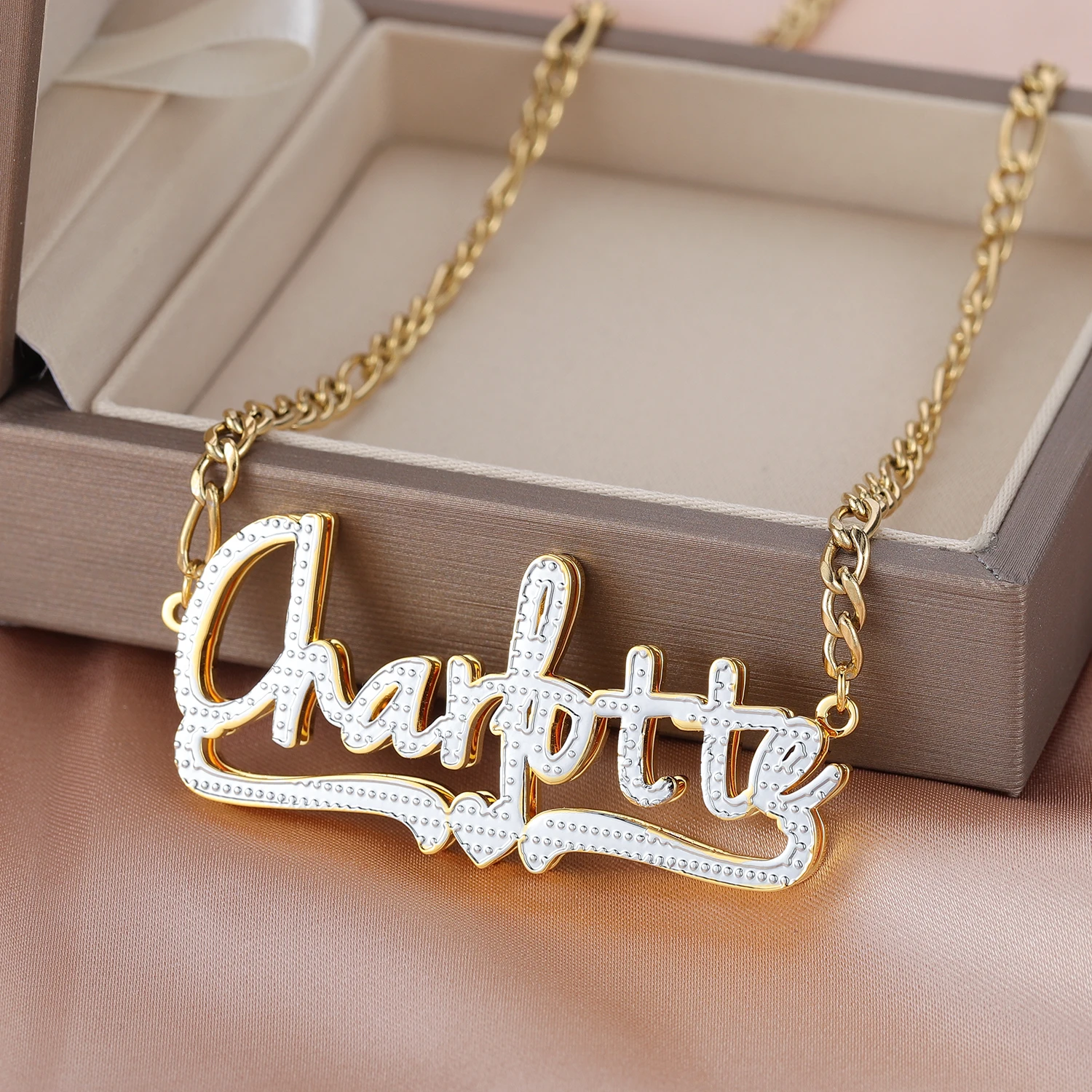 Personalisierte Halskette, personalisierbar, doppellagig, zweifarbig, 18 Karat vergoldet, Edelstahl, handgefertigt, individueller kursiver Schmuck für Frauen – Detail 3