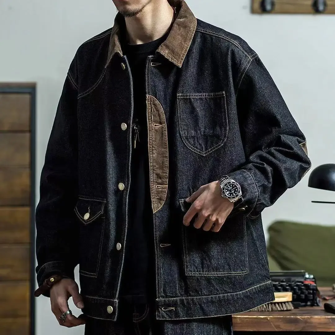 

Male Jean Coats Spliced Black Wide Shoulders Men's Denim Jacket Autumn Joker Fashion Korean Popular Clothes Loose One Piece Worn