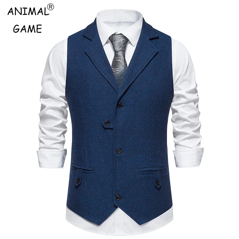 Dress Vests New Suit Vest for Men Herringbone Tweed Suit Vest Business Formal Dress Vests Slim Fit Tailored Collar Waistcoat