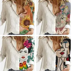 Daily Women's Shirt 2023 New Casual Office Fashion Face Graffiti Printing Polo Collar Long-Sleeved Blouses Button-Down Shirts