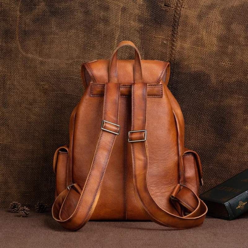 Natural Leather Men Backpack Handmade Genuine Leather Laptop Backpack Vintage Travel Bags Large Capacity Boys Shoolbags 4
