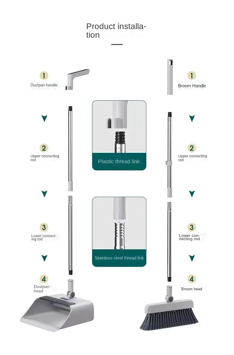 Description Picture 4 of itemThickened Vertical Broom Dustpan Floor Brush Set Indoor Non-Stick Hair Broom Long Handle Broom Dustpan Combination Set