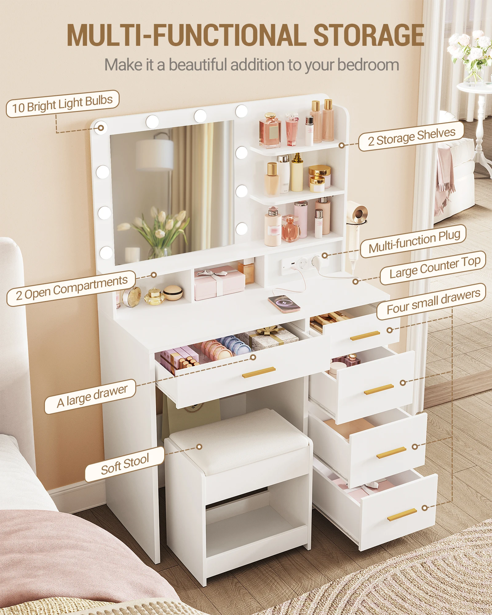 Toeletta Trucco Con Luci LED 110x40x141 Cm – 5 Cassetti E 5 Scomparti, Bianco