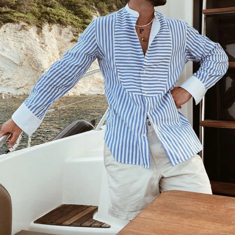 

Vintage Leisure Striped Printed Shirts for Mens Spring Long Sleeve Loose Button Cardigan Men Clothing Casual Stand Collar Shirt