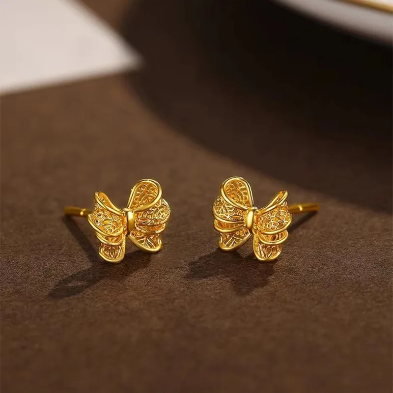 Advanced AU999 Gold Ring Silk Bow Necklace Women's AU750 Hollow Bow Earrings 24K Ring Real Gold Goddess Jewelry