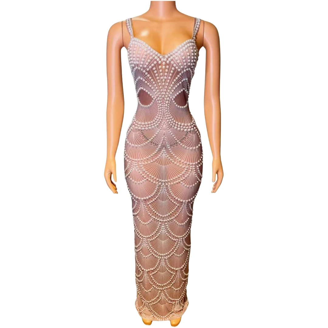 

Stretch Elegant Sleeveless Shinning Beaded Pearl Long Dress For Women Evening Prom Senior Goddess Singer Stage Wear