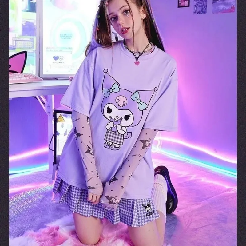 

Sanrio Kawaii Anime Kuromi Cute Cartoon Short Sleeve T-Shirt Y2k Summer Loose Cotton Top Birthday Gift Goth Print Couple TShirt