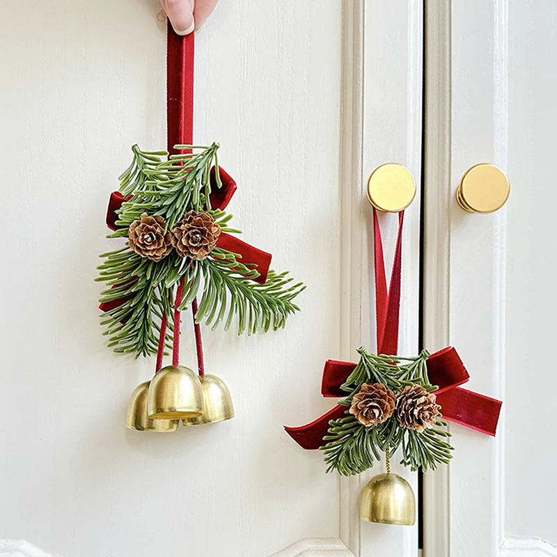 Christmas Jingle Bells Door Hanger Ornament Velvet Bow Pine Cone Bell Pendants For Christmas Decoration 2025 Christmas Gift Noel