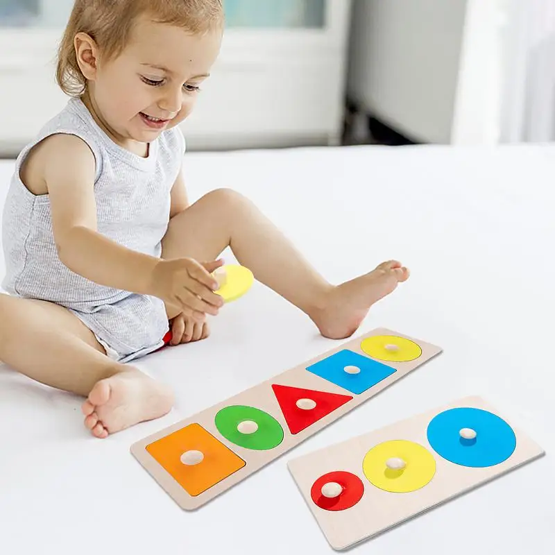 

Multiple Shape Puzzle Geometric Shapes Jumbo Knob Wood Puzzle Wooden Shape Hand Grasping Board Toy Montessori Toys For Toddlers