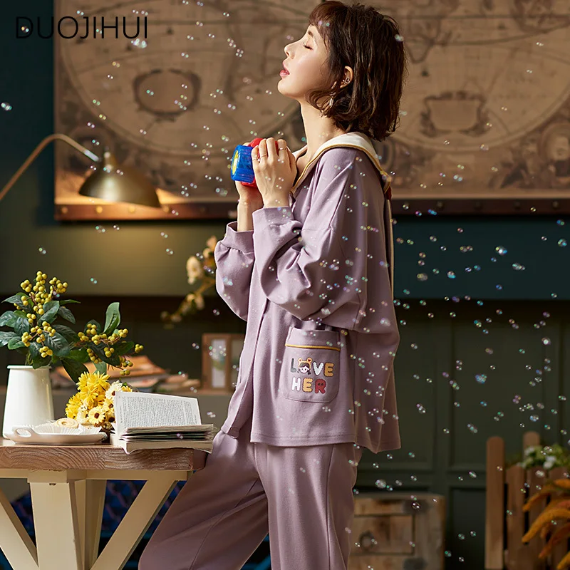 DUOJIHUI Purple Fashion Two Piece Casual Home Pajamas for Women New Chic Simple Cardigan Basic Loose Pant Sweet Female Sleepwear