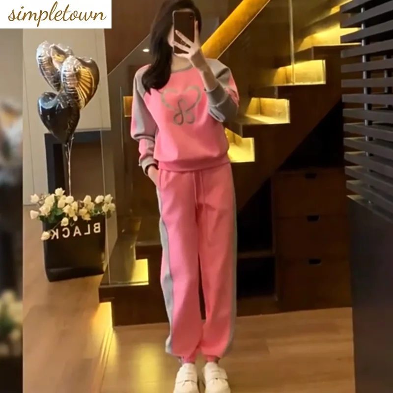 

Leisure Sports Splicing Round Neck Set for Women's Autumn and Winter 2024 New College Style Loose Sports Pants Two-piece Set
