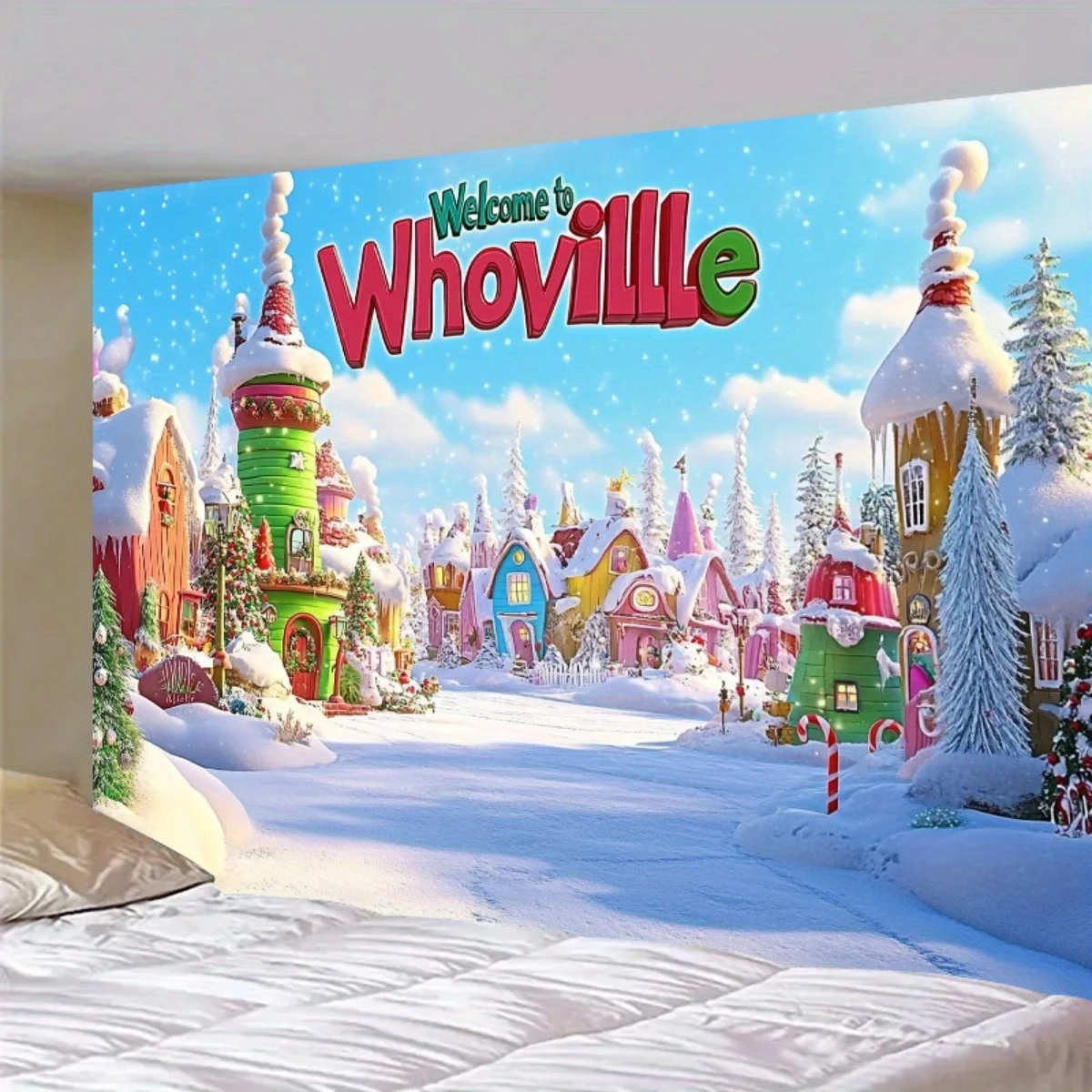 1 übergroßes Whoville-Weihnachts-Hintergrundbanner – eine festliche Schneedorfszene, perfekt für die Feiertagsdekoration – Detail 8