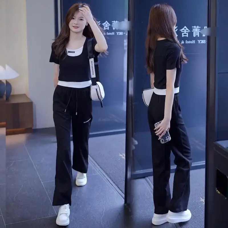 

Женский спортивный костюм, Новинка лета 2023, Модный повседневный костюм, футболка, топ и брюки, комплект из двух предметов, одежда больших размеров, милая одежда