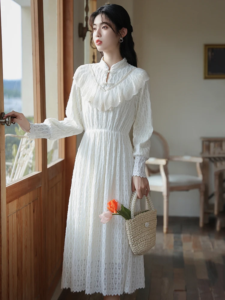 

2023 Autumn/Winter New Gentle Lace Dress New Chinese Plate Button Plush Skirt