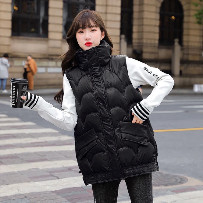 duvet coats 2021 Autumn Winter Korean Loose Women's Vest Down Cotton Bright  Fabric Wearing Warm Vest Girl Outdoor Student Black black puffer coat with hood