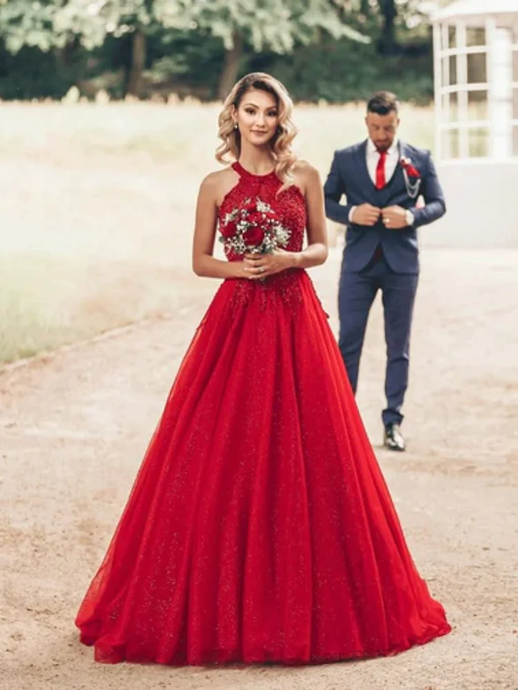 

Gorgeous Red Halter Evening Dresses 2023 Charming Sleeveless A-Line Beading Tulle Long Formal Evening Gown Vestidos De Fiesta