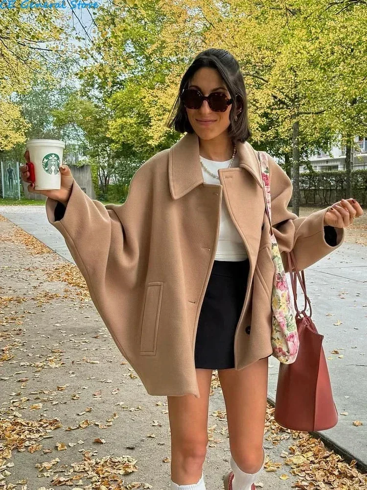 Fashion Lapel Woolen Jacket For Women 2024 Autumn Single Breasted Long Sleeve Coats Female Elegant Oversized Chic Street Outwear 6