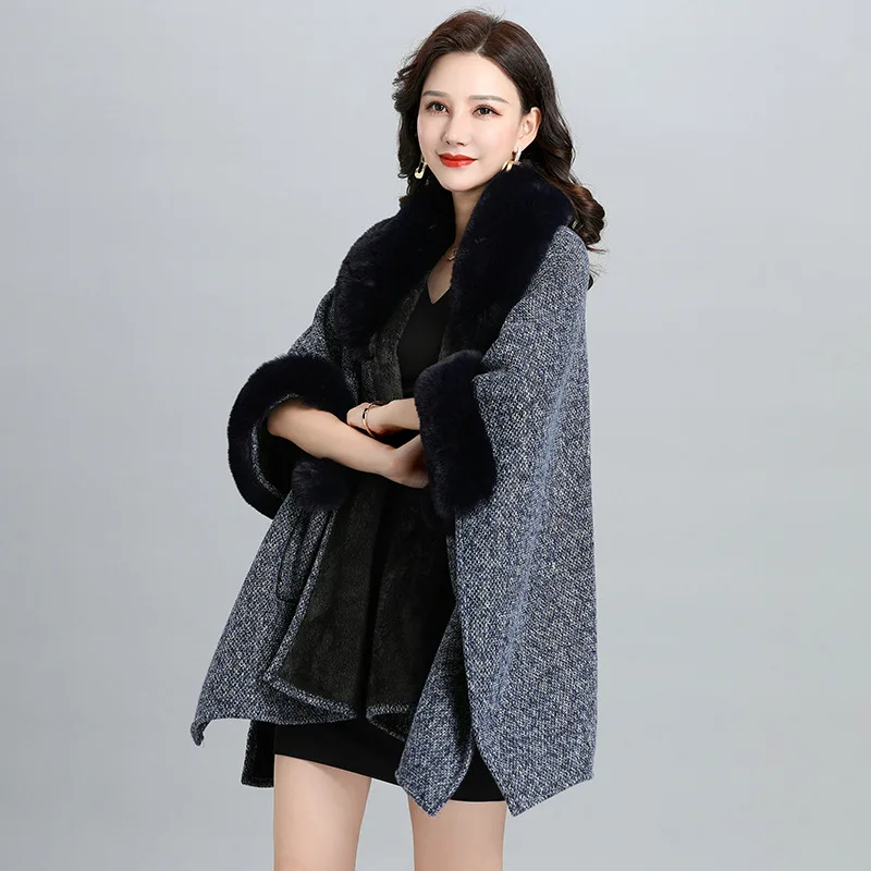 6 Colors Winter Warm Poncho Cloak Turn-down Faux Rabbit Fur Neck Loose Overcoat  Batwing Sleeves Oversize Jacket With Pocket