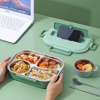 4/5 Compartments 304 Stainless Steel Bento Lunch Box For Kids Students With Bowl&Cutlery Portable Large Capacity Food Container 1