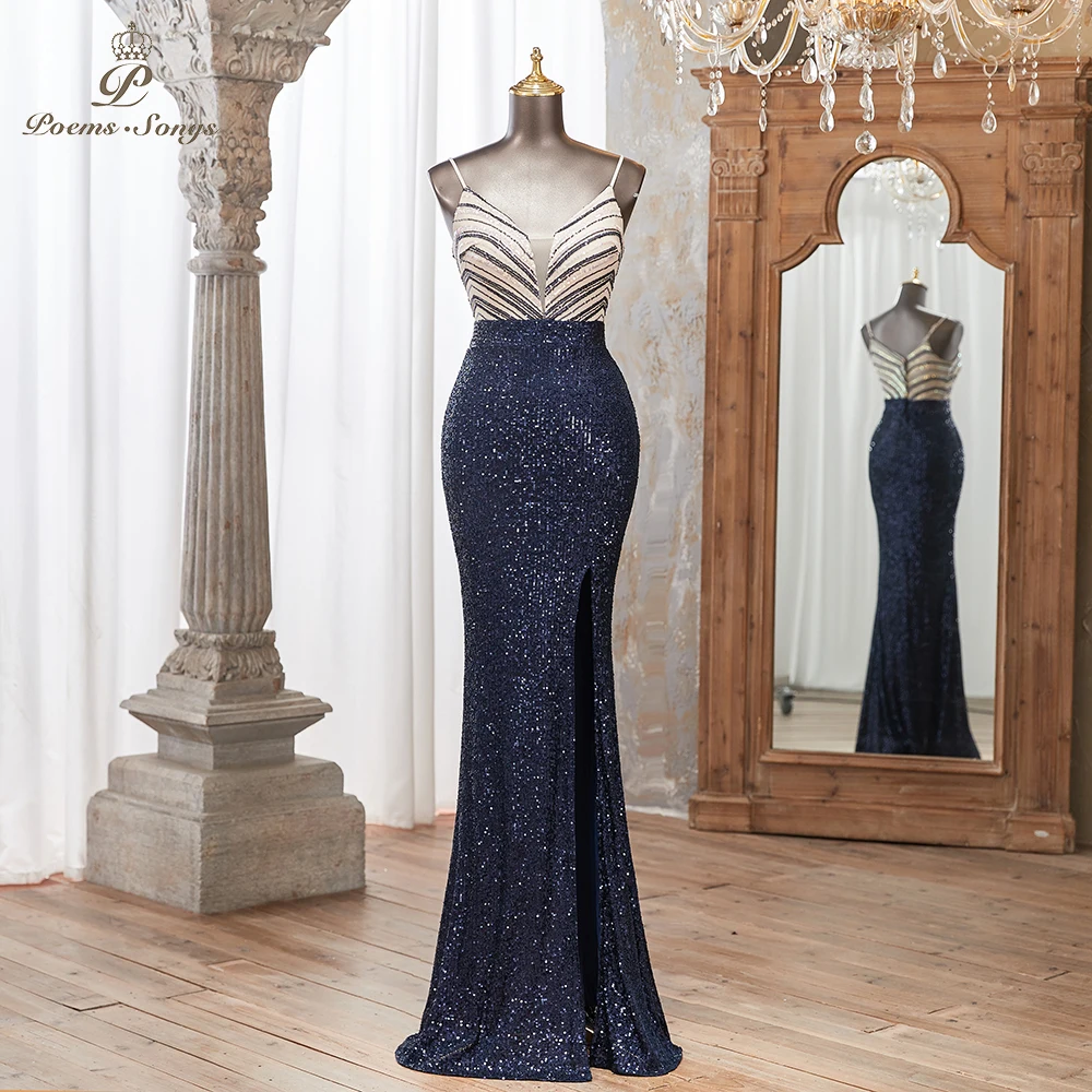 Elegant Navy Sequin Evening Dress with Strappy Design High Slit for a  Glamorous Look Perfect for Parties and Special Occasions - AliExpress 320