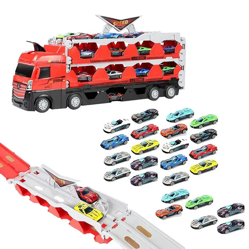 

Mega Hauler Truck Mini Racing Cars Truck With Ejection Race Track Big Truck Folding Storage Race Track Deformation Car