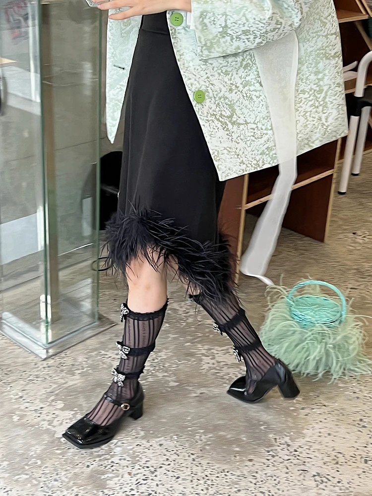 Fashion Design Thin Mesh Lace Bow Foot Sock Bunching Cute Mid-Calf Length Black Students' Socks Lolita Sexy Women Stockings