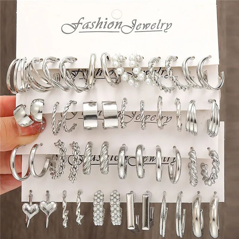 Silver Color Twist Hoop Earrings Set Heart Pearl Hoops Vintage Metal Geometric Earrings for Women Trendy Jewerly hoop earrings