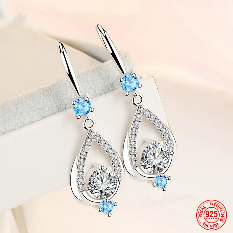 

925 Sterling Silver Blue Crystal Water Drop Earrings For Women Fashion Party Jewelry Gift