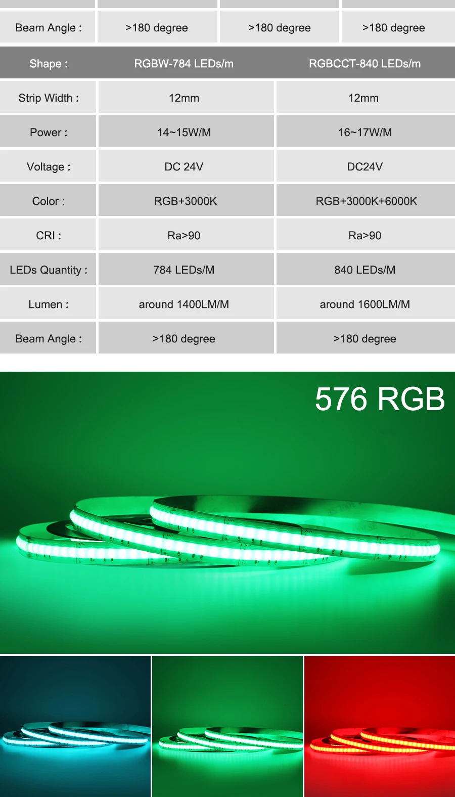 Description Picture 5 of item12V 24V RGB RGBW RGBCCT LED COB Strip Lights High Density Dimmable LED Tape Flexible Ribbon Light 4pin 5pin 6pin LED Ribbon Tape