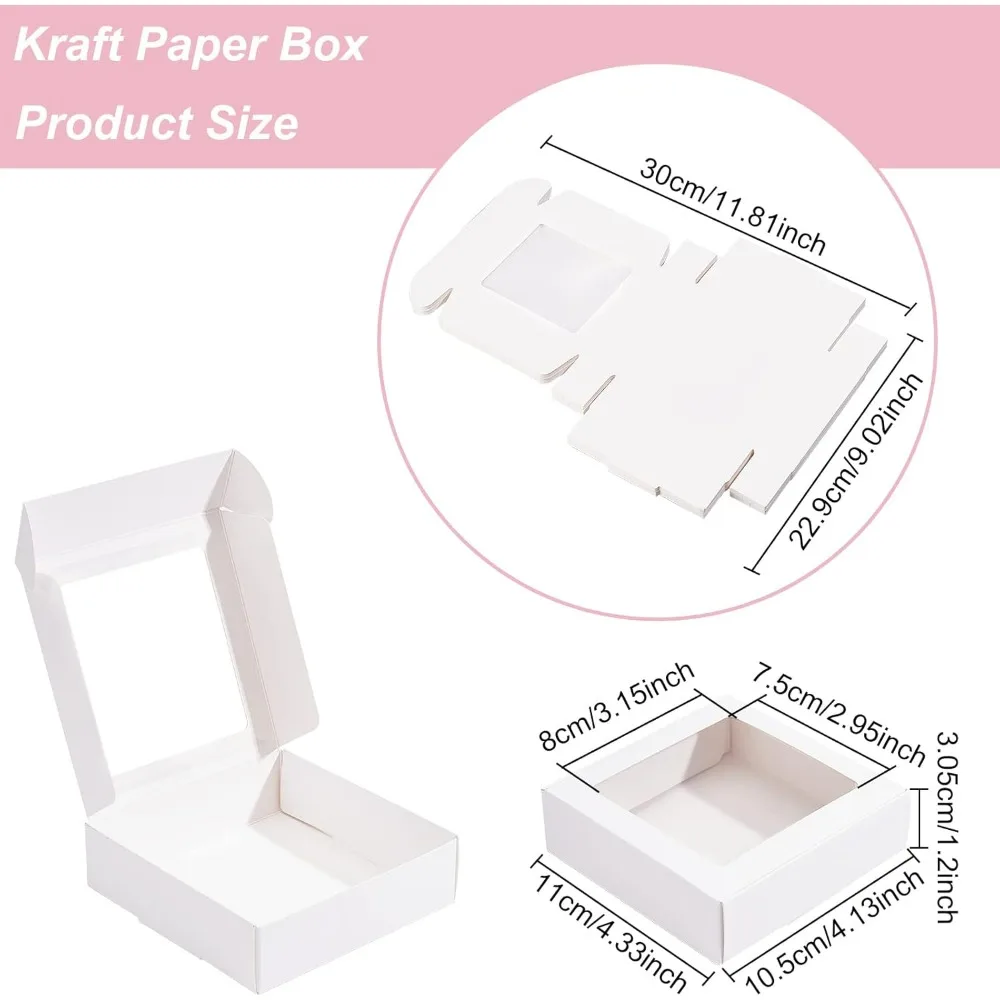 Clear PVC Square Window Gift Boxes White Kraft Paper Present Packing Boxes for Party Favor Treats Cookies Small Gifts or Crafts
